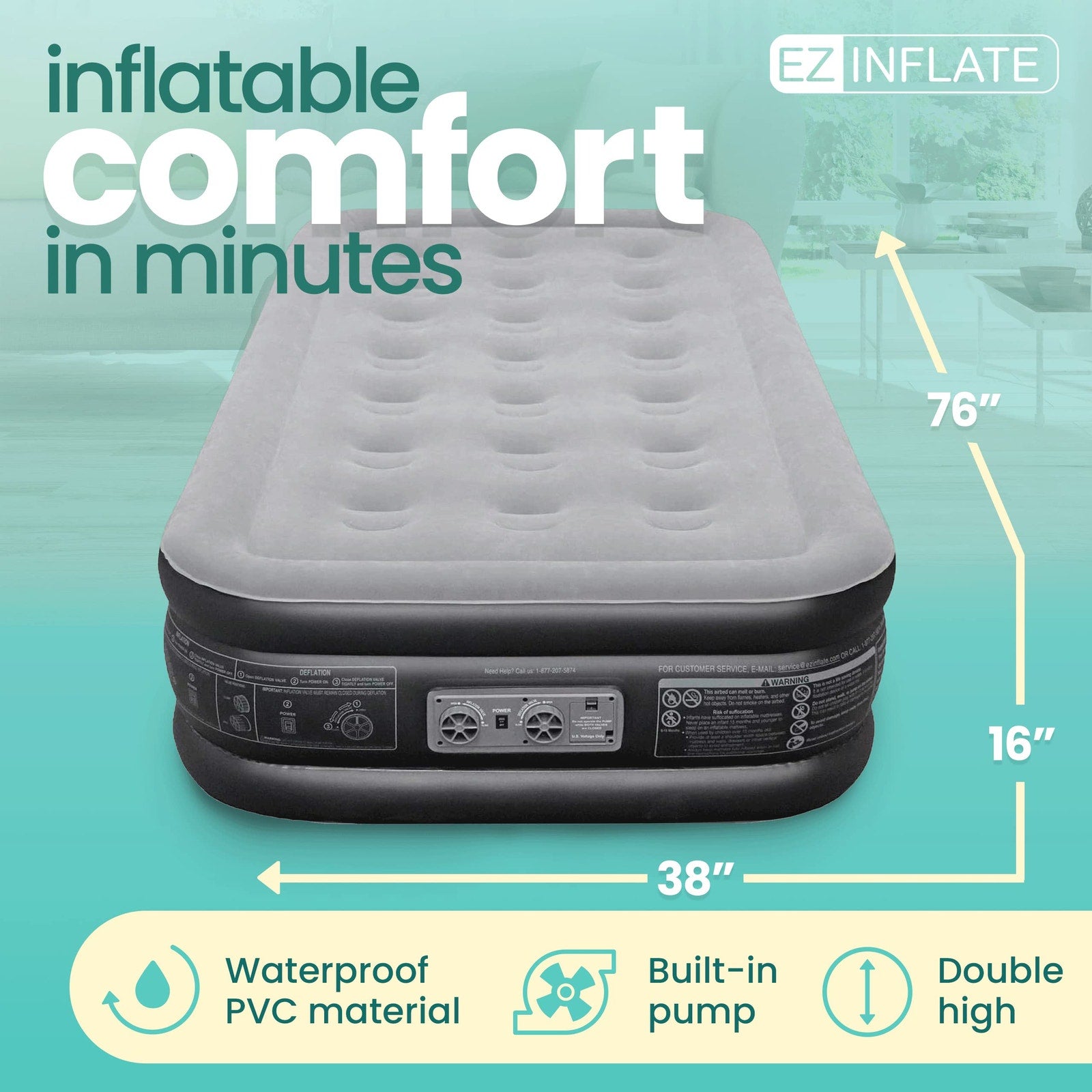 EZ INFLATE Twin Air Mattress with Built-In Pump Flocked Top
