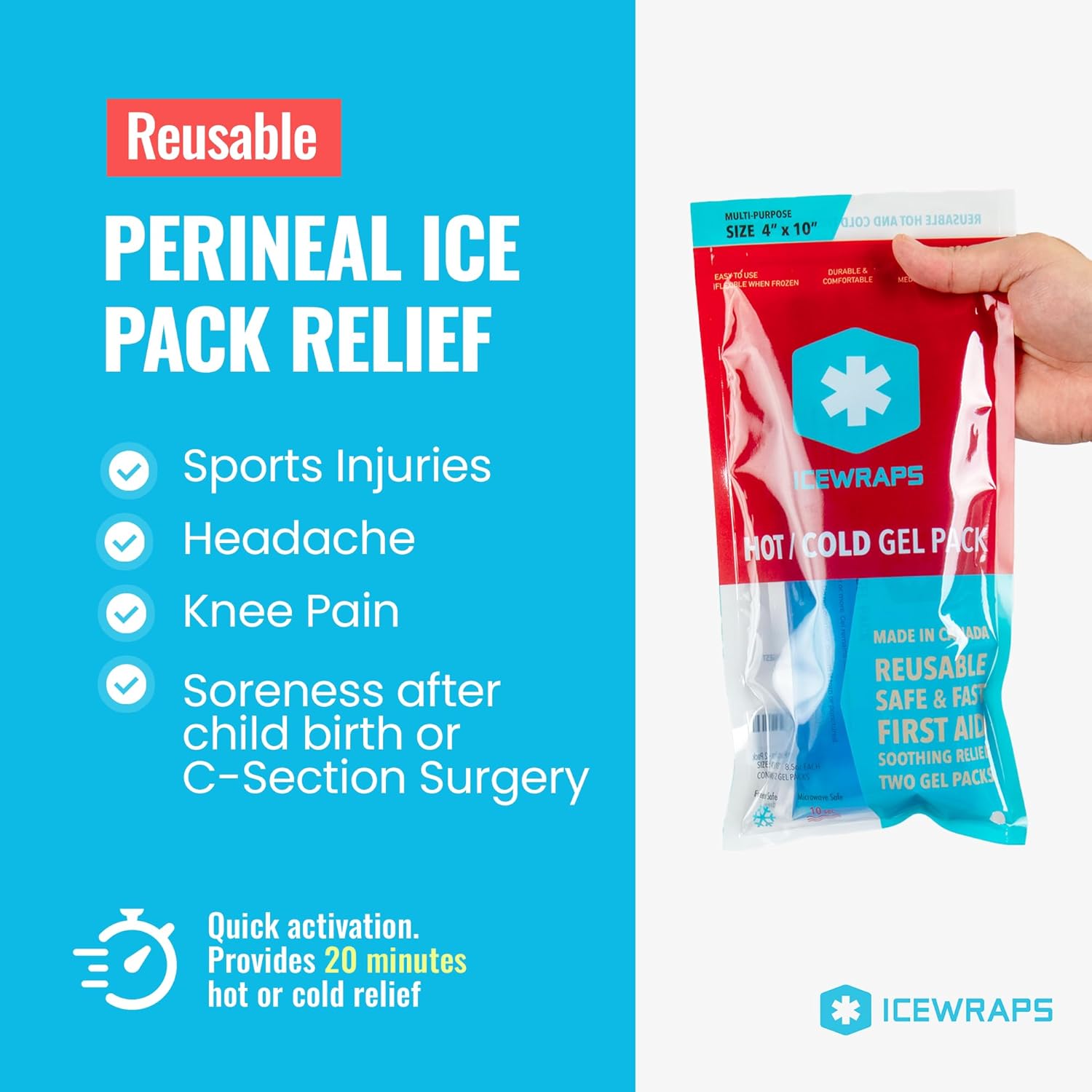 ICEWRAPS 4"x10" Flexible Gel Ice Pack – Reusable Hot & Cold  Therapy, 2 Pack, Blue