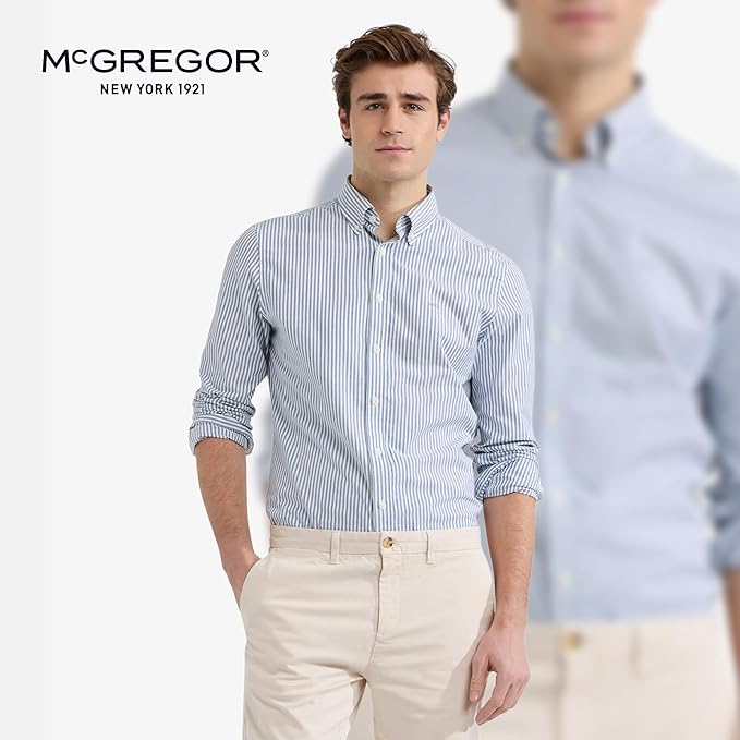 MCGREGOR Men Oxford Shirt Stretch Button Down Regular Fit Light Blue Size L