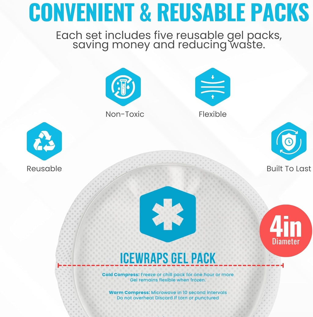 ICEWRAPS 4" Round Gel Ice Packs – Reusable Hot & Cold Therapy,  5 Pack, Clear
