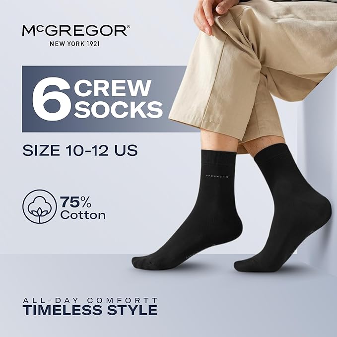 MCGREGOR Men Crew Socks 6 Pack Cotton Cushioned Black