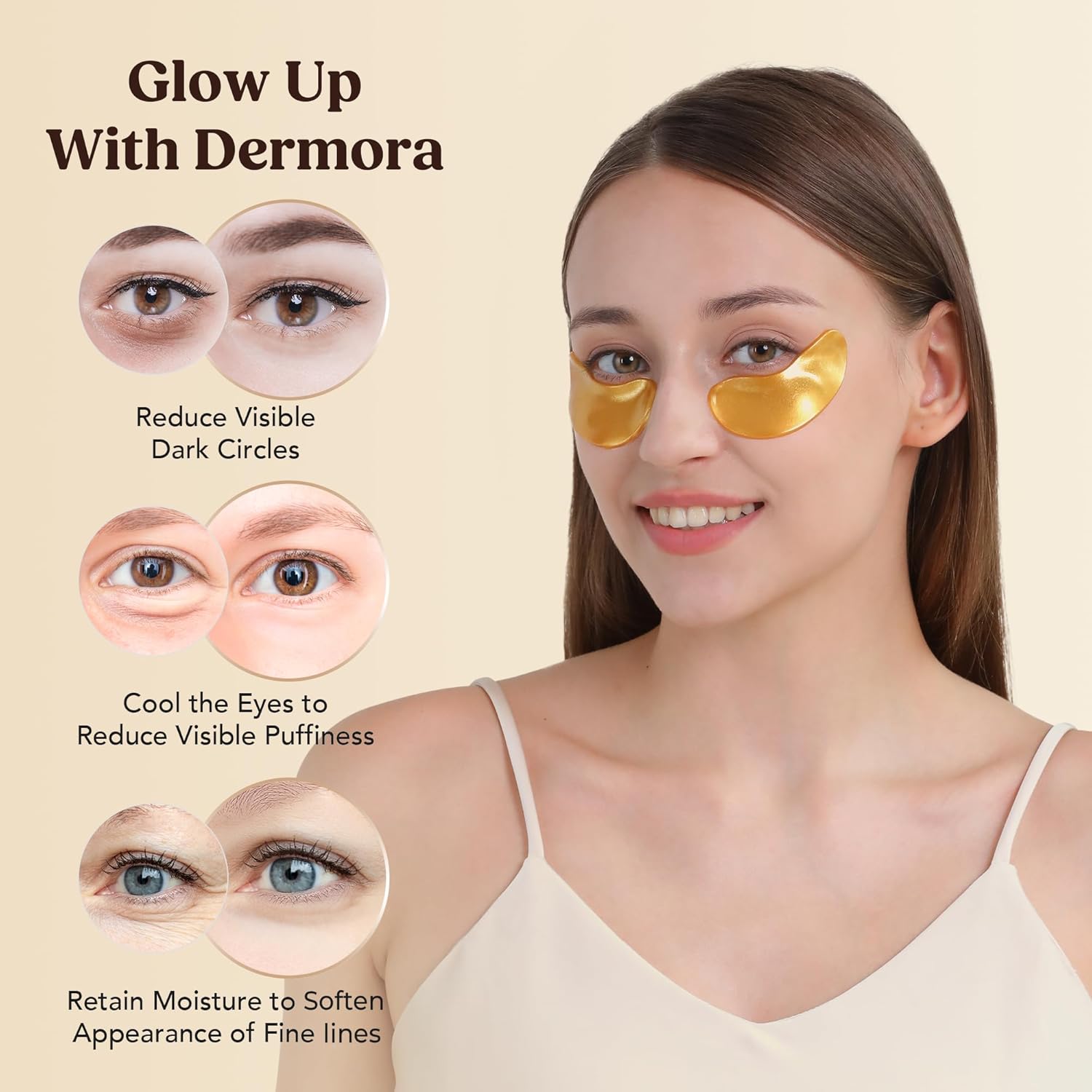 DERMORA Under Eye Patches Golden Glow 15 Pairs for Dark Circles