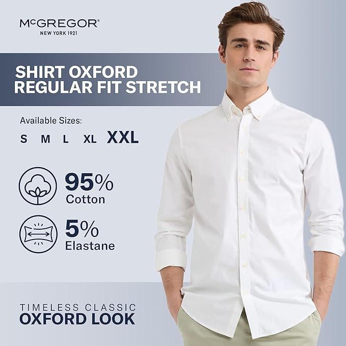 MCGREGOR Men Oxford Shirt Stretch Button Down Regular Fit White Size XL