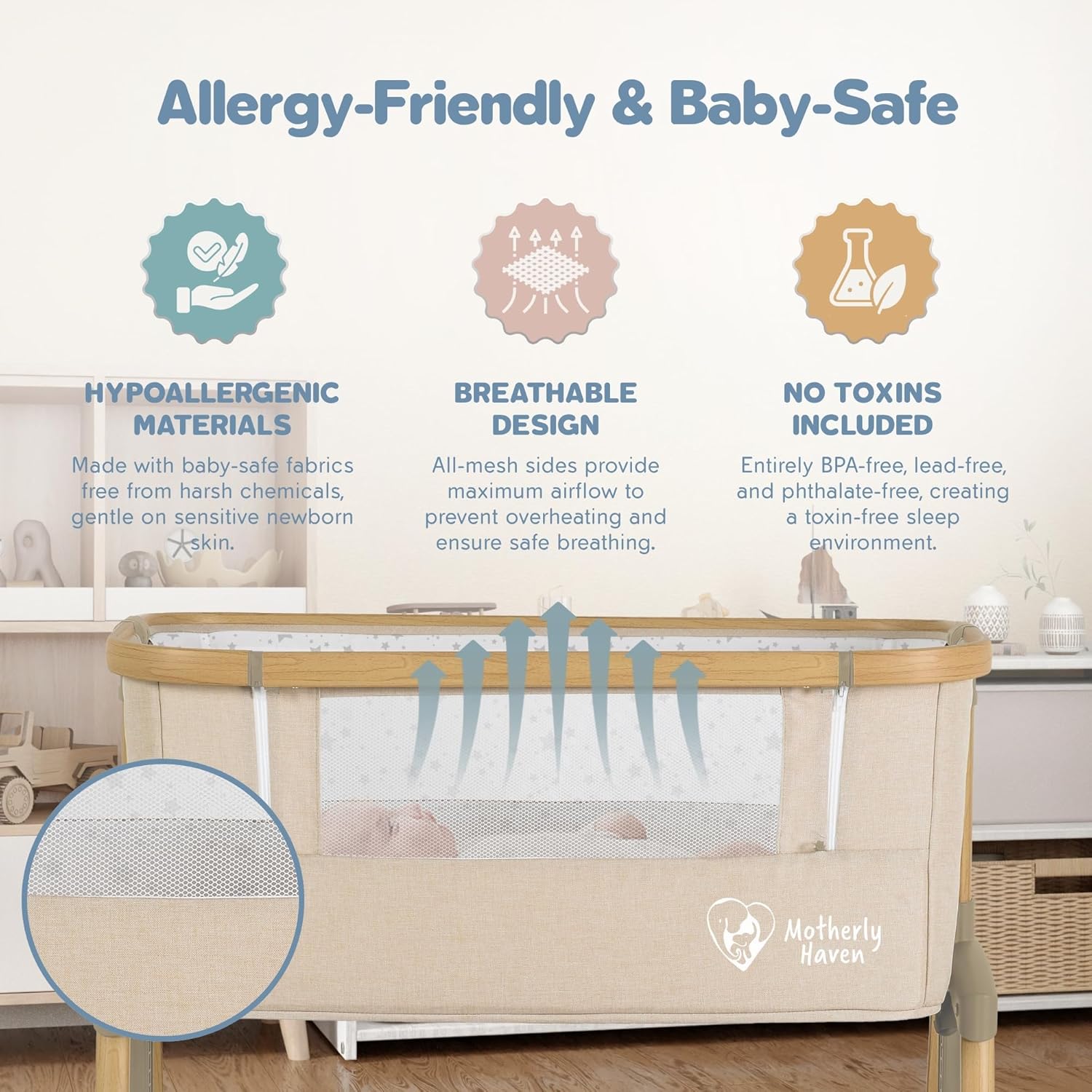 Motherly Haven Baby Bassinet Bedside Sleeper Adjustable 7 Height