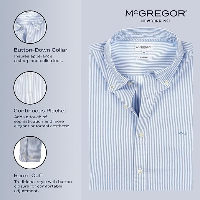 MCGREGOR Men Oxford Shirt Stretch Button Down Regular Fit Light Blue Size L