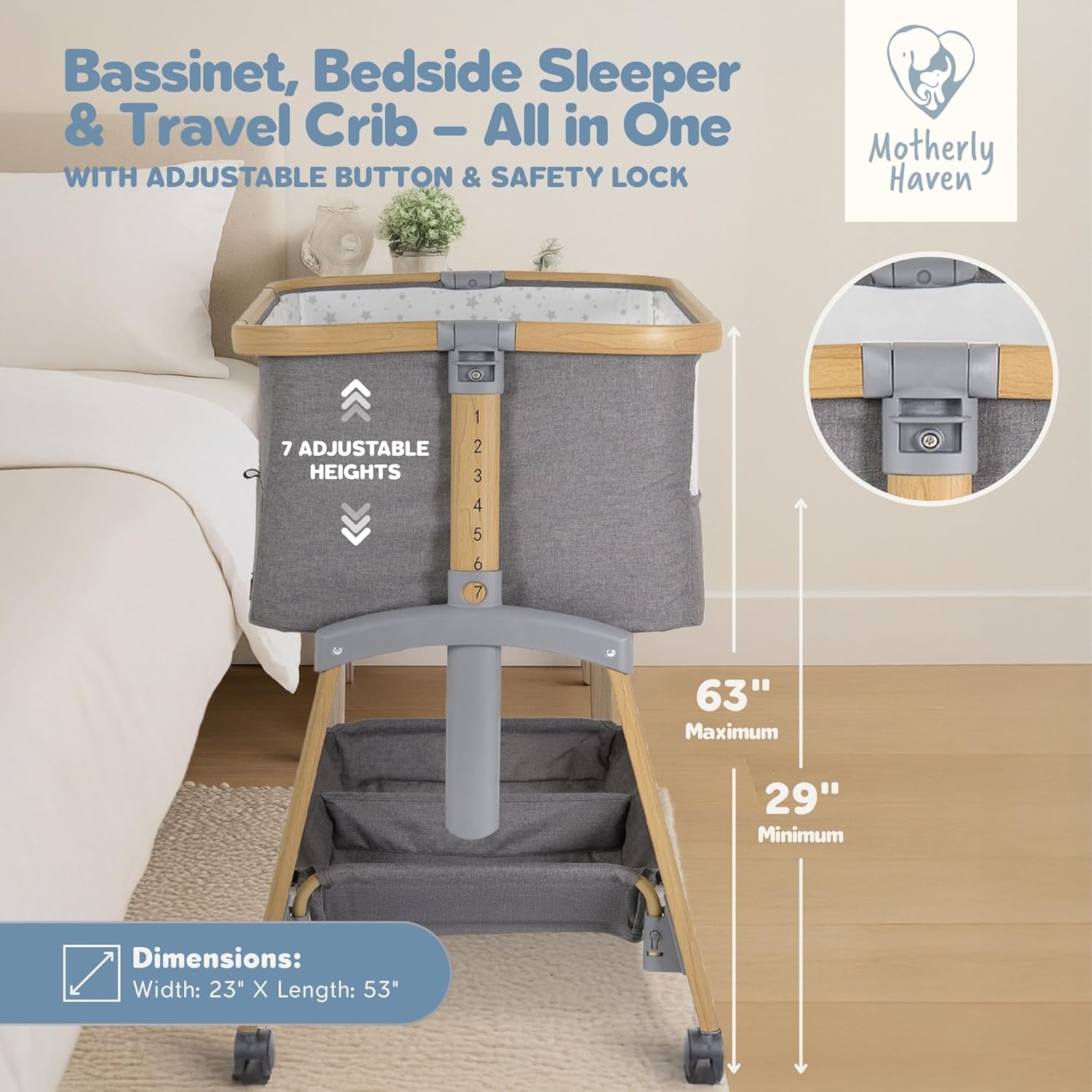 Motherly Haven Baby Bassinet Bedside Sleeper Adjustable 7 Height