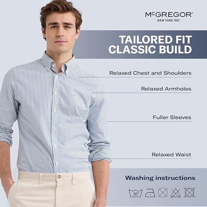 MCGREGOR Men Oxford Shirt Stretch Button Down Regular Fit Light Blue Size L