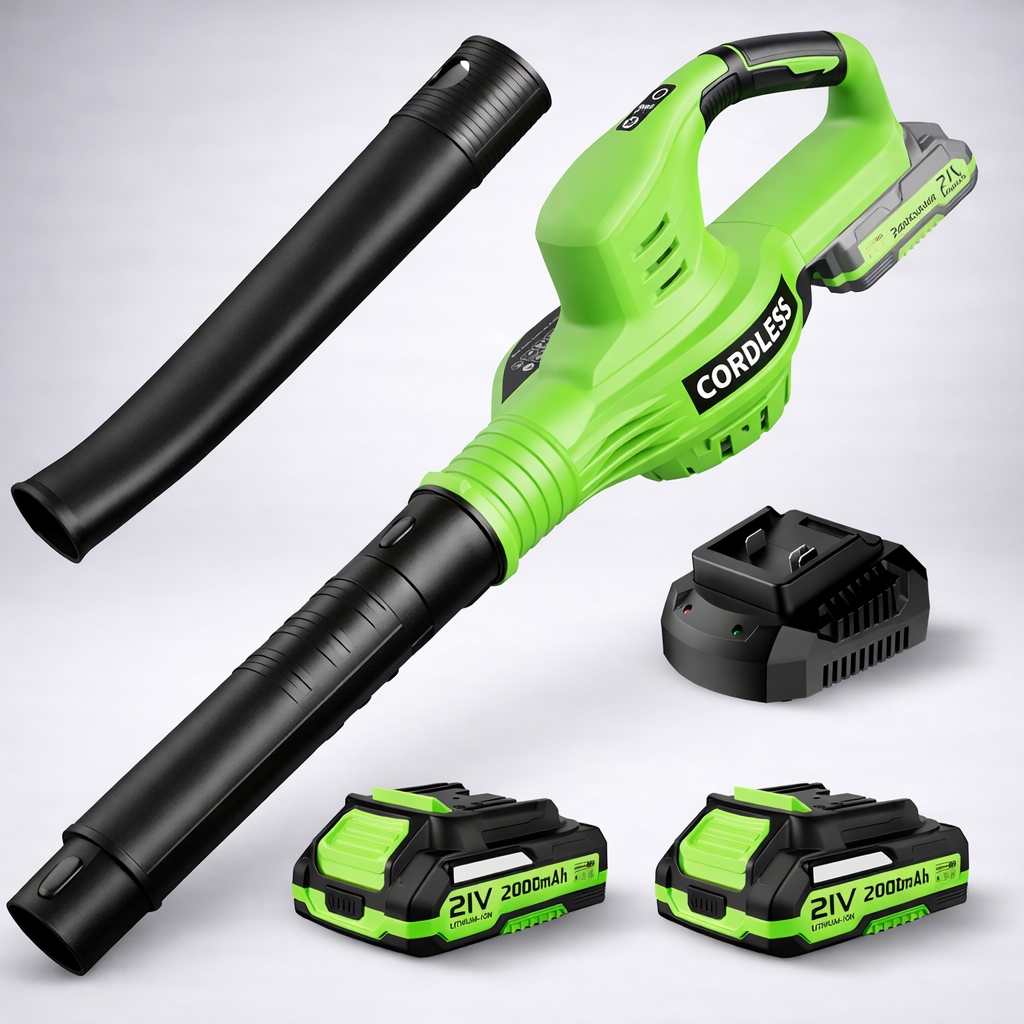 LAZYBOI 21V Cordless Electric Leaf Blower w/ 2 Batteries & Charger Green