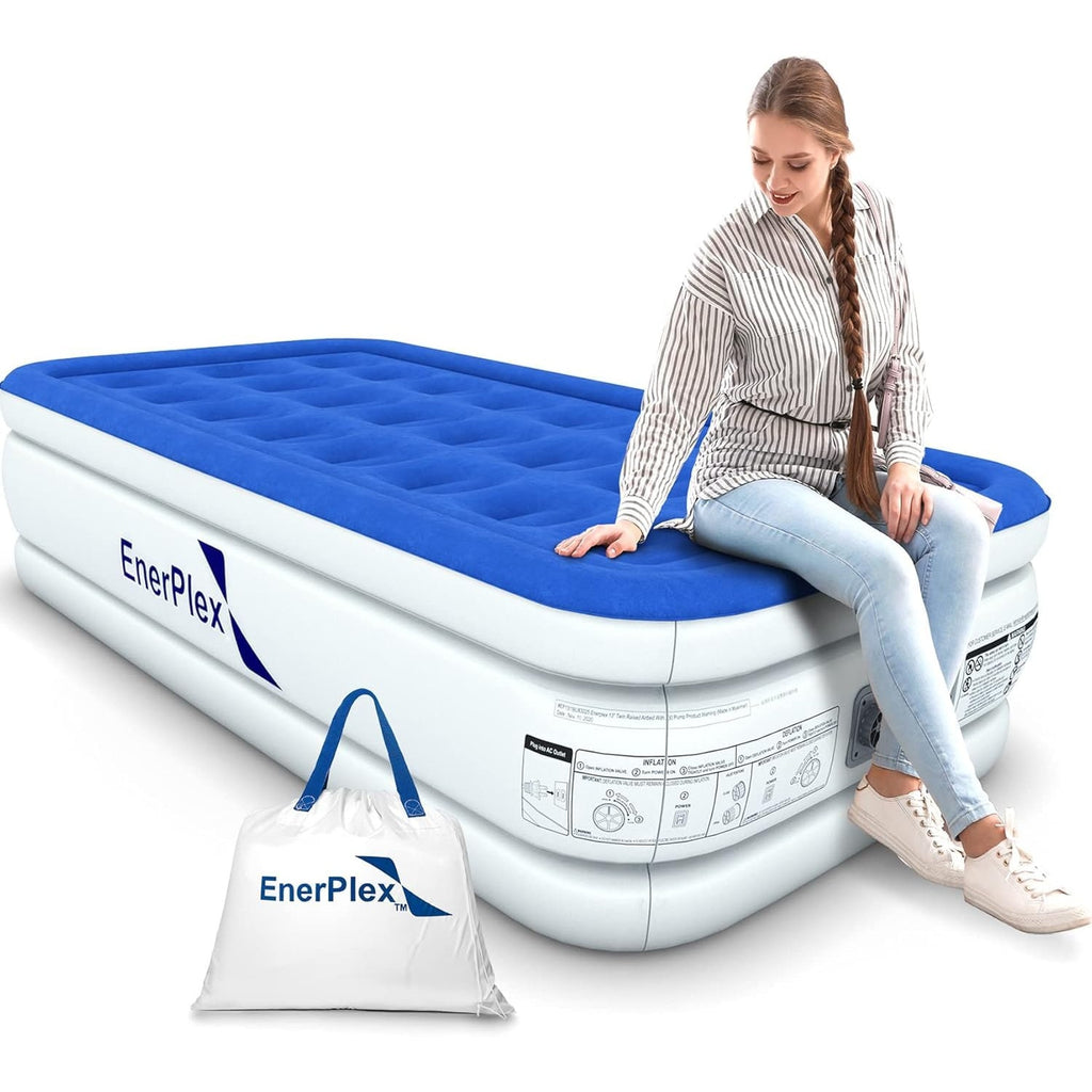 EnerPlex Twin 18" Air Mattress with Built-In Pump, Double Height Blue
