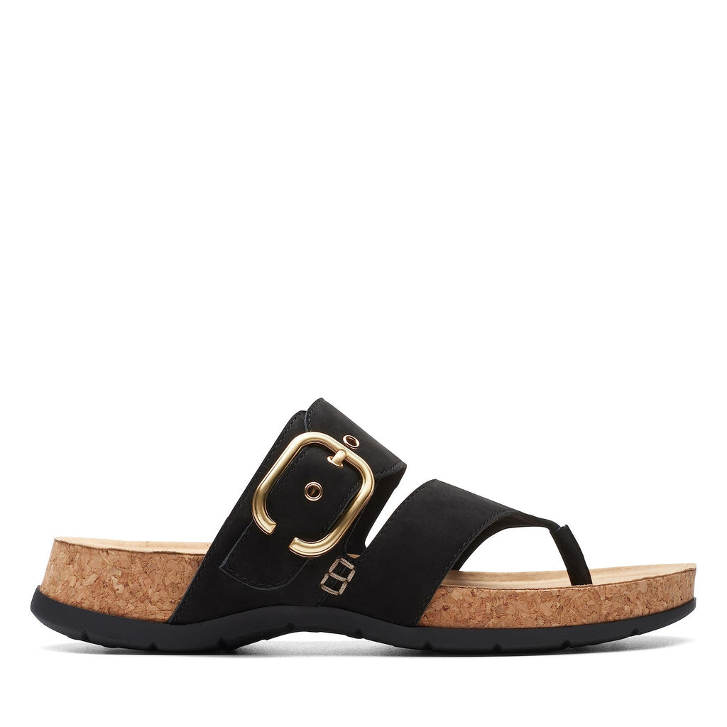 Clarks Women Reileigh Park Flip-Flop Black Nubuck Size 9.5